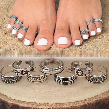 7pcs רטרו חלולה מגולפת כוכב הירח טבעות מתכוונן פתיחת טבעת אצבע לנשים בוהו החוף רגל טבעת תכשיטים