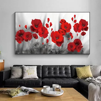אמנות מודרנית תמונות קיר לעיצוב הבית בד ציור, הדפסי פרחים אדומים בוהקים HD תמונות עבור הסלון המשרד Frameless