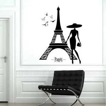 צרפת פריז מגדל סקסית ציפורים ויניל מדבקות קיר פנים הבית עיצוב הסלון, חדר השינה אופנה נשים מדבקה ציורי קיר A386