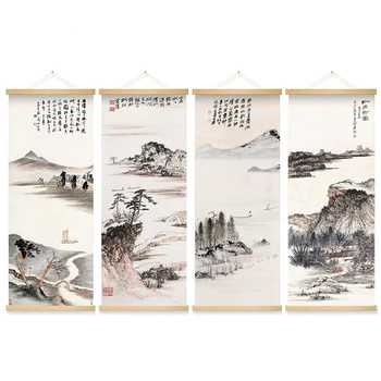 הנוף הסיני הציור ארבעה חלקים סט של ציור קיר הסלון קישוט גלילה ציור עץ מלא ציור קיר