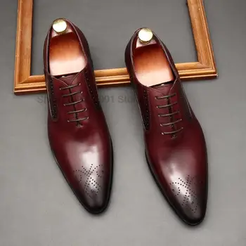 השחור של גברים עור אמיתי נעלי אוקספורד אבזם שרוכים המשרד שמלת החתונה Brogue מחודד בוהן עסקים רשמית נעליים לגברים