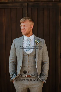 החורף טוויד צמר Mens חתונה חליפות 3 חלקים סט החתן Tuxudos עסקים זכר הנשף בלייזר אפור השושבינים מסיבת תחפושות Homme