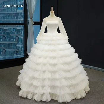 RSM66867 לבן טול חתונה אלגנטית שמלה כלה חתונה תחרה שרוול ארוך קפלים פלאפי תחרה החצאית הארוכה платье свадебное