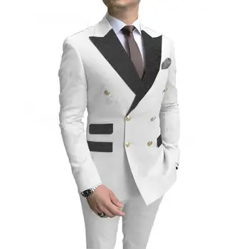 2021 שחור אופנה פרח בדש הבגד הלבן גברים חתונה נשף שמלת חליפות כפול עם חזה חליפות גברים חתן המסיבה טוקסידו 2 חתיכות להגדיר