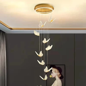 מודרני פרפר Desing LED נברשת אקריליק Exhibition Hall גרם מדרגות ארוך מנורת הסלון זהב מקורה גופי תאורה